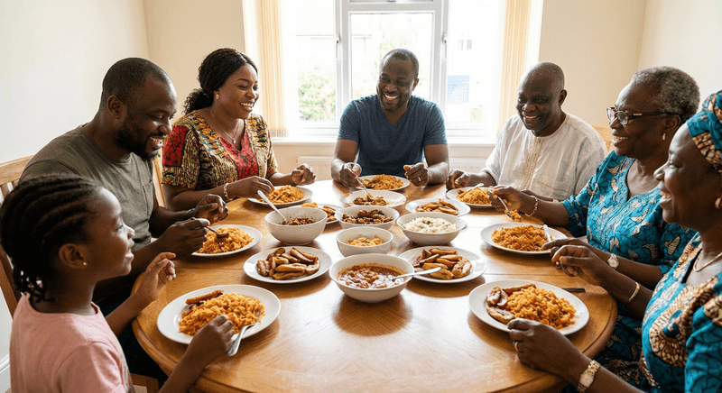 Nigerian family enjoying a traditional homemade meal together